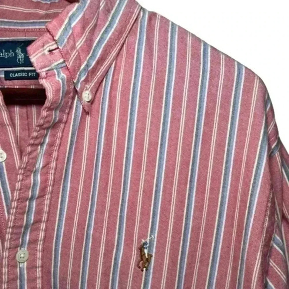 Ralph Lauren Pink Blue Striped Button Down Shirt Large - Picture 1 of 6